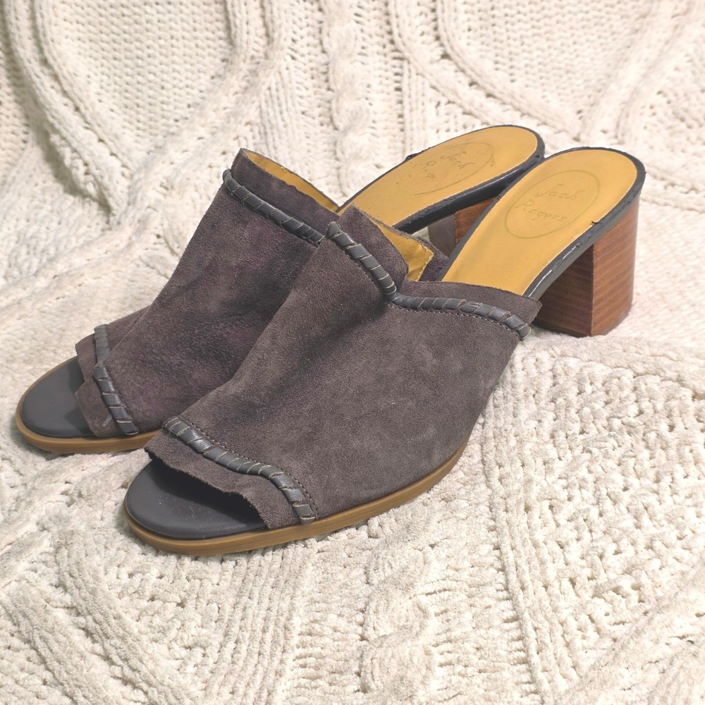 Jack Rogers Suede Whipstitch Mules Sandals Grey Block Heel Womens 9M Excellent